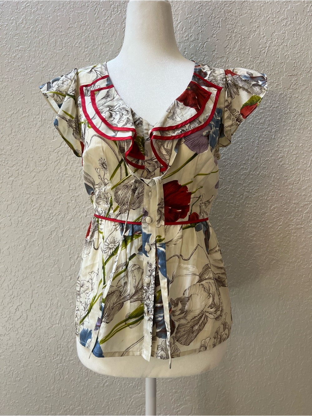 Anthropologie Floral Ruffle-Trim Women's Button Front Top